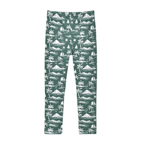 Green Palm Tree Sailboat Sun Girls Leggings Athletic Pants Tights Stretch Bottom
