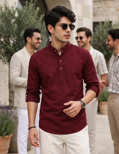 Image of Fifth U Men's Cotton Polyester Blend Solid Mandarin Collar Self Design Full Sleeve Casual Short Kurta
