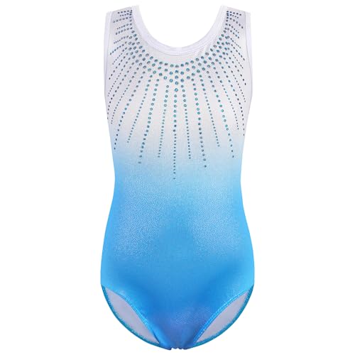 ZNYUNE - Leotardo de gimnasia y danza para niña, multicolor con estampado, sin mangas B426 Blanco Azul 6A