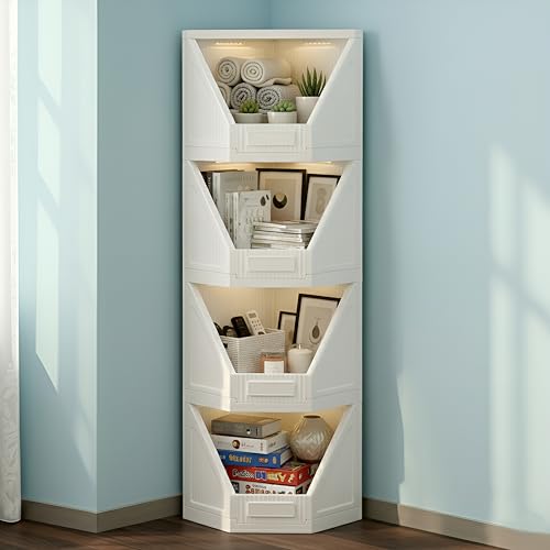 Image of HOMIFLY 4 Tier Corner Storage Cabinet /Stackable Plastic Cupboard for Storage /Foldable Wardrobe for Clothes /Toys Storage Organizer /Cabinet for Kitchen, Bathroom, Living Room (White)