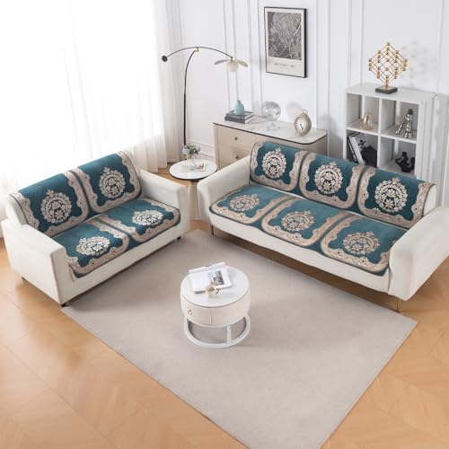 Image of HOKIPO Shahi Teal Premium Chenille Jacquard Sofa Cover 3 Seater and 2 Seater Set - 5 Seater Sofa Cover (3+2) for Seat & Back | 'Royal Aangan Series' (IN-1008-L2*2 + IN-1007-L2*2)