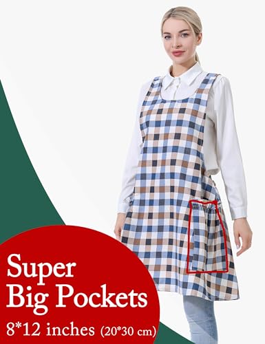 Image of Cozy Adjustable Cross Back Aprons for Women with Pockets Cotton Linen Cooking Kitchen Baking