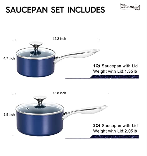 Michelangelo Saucepan Set, 1Qt & 2Qt Ceramic Sauce Pan With Lid, Nonstick Saucepans With Lids, Small Pot With Stainless Steel Handle, Oven Safe, Blue #TOP6