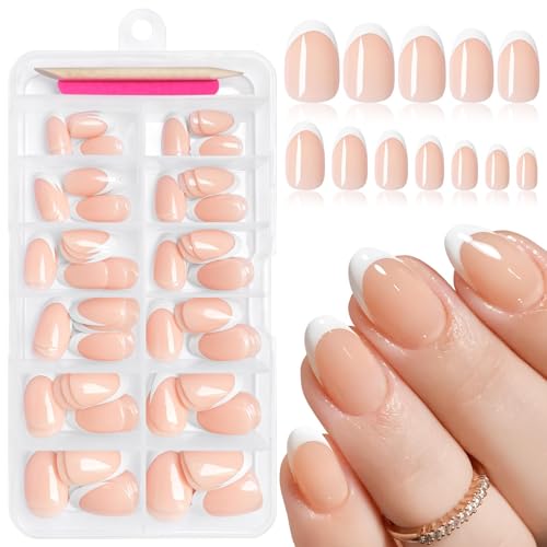 GlamRays 120 uñas postizas de uñas postizas acrílicas cortas ovaladas, blancas, de almendra, para mujeres y niñas (rosa pálido y blanco)