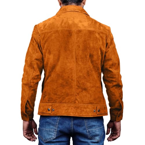 Image of Mens Polo Collar Zipper Suede Shirts Long Sleeve Shacket Suede Trucker Jacket Real Suede Leather Shirt