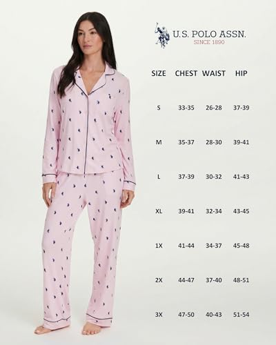 Image of U.S. POLO ASSN. Womens Lightweight Notch Collar Pajama Set | Classic Button Down Pajamas for Women with Long Sleeve Top and Pajama Pants
