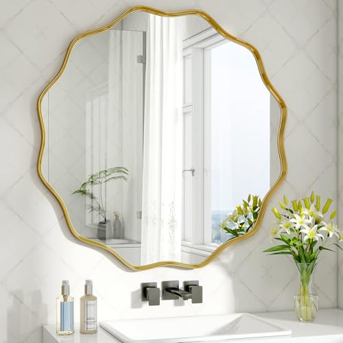 BEAUTYPEAK Espejo redondo ondulado de pared, espejo redondo de 60 cm, marco de metal, fácil montaje, moderno, para baño, salón, dormitorio, pasillo, entrada