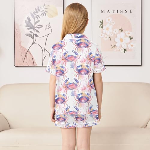 Watercolor Pink Crab Summer Satin Pajama Set, Cute Button-Down Sleepwear Pj Set for Sleep Wears4