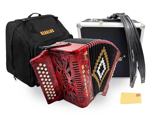 Rossetti 3112 31-Button 12-Bass Diatonic Accordion, Key of GCF - Red Bundle with Hard Case, Gig Bag, Straps, and Austin Bazaar Polishing Cloth