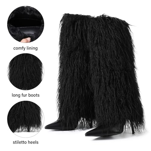 Kalstage Women Fur Knee High Boots Heels Wide Calf Fold Over Tall Boots for Party Evening Fashion Shows3