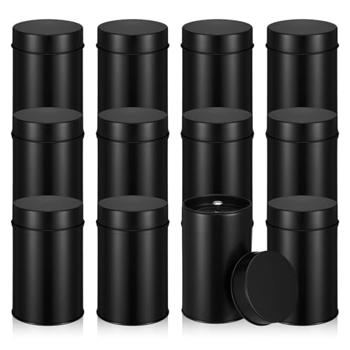 Giloaou 12 Pack Metal Tea Tin Canister with Airtight Double Lids, Round Tin Can for Loose Leaf Tea Storage, Coffee, Sugar, Candy and Spices (Matte Black)