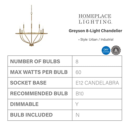 Homeplace Lighting 428581Ad Greyson Urban/Industrial Vine-Style Round Chandelier, 8-Light 480 Total Watts, 37" H X 34" W, Aged Brass #TOP3