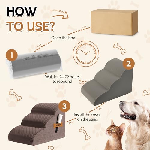 Romrol Dog Stairs Ramp for Beds Couches, Extra Wide Pet Steps with Durable Non-Slip Waterproof Fabric Cover, Pets Slope Stairs, 3-Tiers,Coffee