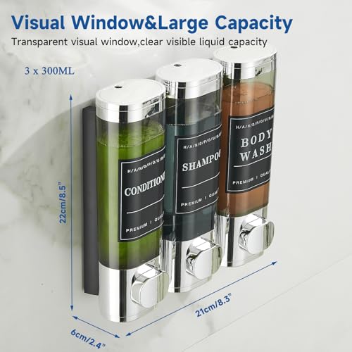 Shampoo and Conditioner Dispenser,Shower Soap Dispenser 3 Chamber No Drill Wall-Mounted Shampoo Dispenser for Shower Wall Mounted Shower Dispenser for Bathroom Hotel Large Capacity, Clear Bright by unisence - Used condition - Image 5