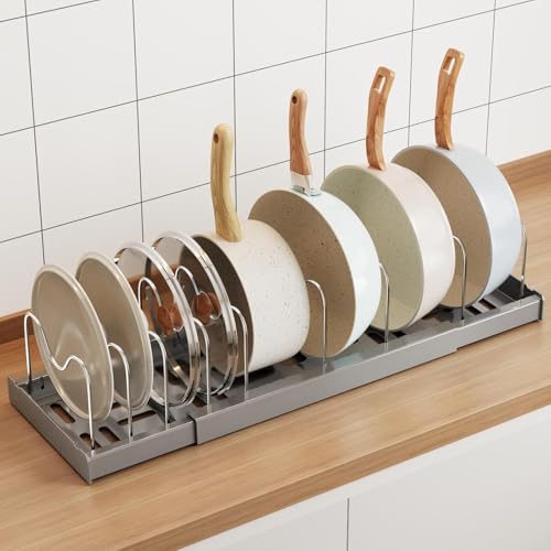 Image of Pan Organizer Rack for Kitchen Pot Holder Expandable Utensils Organiser with 9 Adjustable Dividers Pot and Pan Holder Racks for Cabinet Countertop Gray