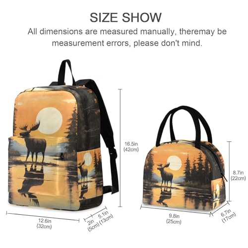 Backpack Lunch Box Set Large Capacity Travel Backpacks and Insulated Lunch Bag for Commute Hiking Picnic Lake Moose Print2