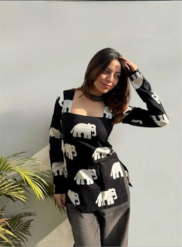 Image of FELISIA Women's Full Sleeves Rayon Printed Square Neck Short Kurti, Bell Sleeves, Short Kurti for Women, Stylish Ethnic Top, Daily Casual Western & Office wear