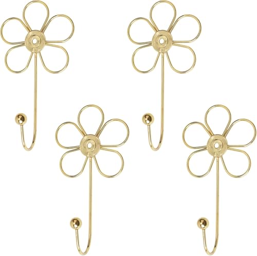 RiseDirectly 4 Pcs Golden Flower Decorative Screw in Wall Hooks,