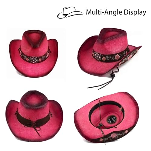 Image of Cowboy Hats for Women, Brown Cowgirl Hats Classic Straw Western Hats for Women Music Festival Party Beach.