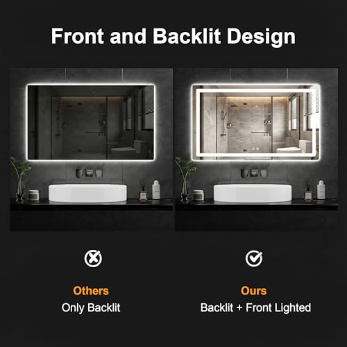 Image of LED Bathroom Mirror with Lights, 30 x 55 Lighted Vanity Wall Mirror | Backlit and Frontlit, Anti-Fog, Dimmable 3 Colors, Shatter-Proof Tempered Glass, Memory Function, Plug-in /Hardwired