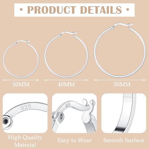 3 Pairs 925 Sterling Silver Big Hoop Earrings Set for Women Hypoallergenic Large Hoops Silver Cubic Zirconia Earrings Set for Women 20mm 30mm 40mm 50mm2