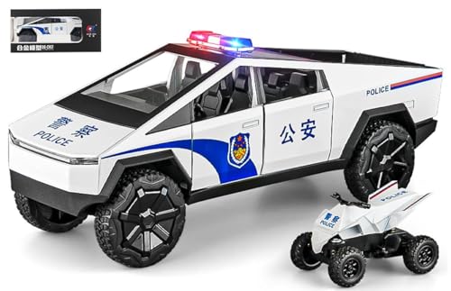 Image of 1:24 Scale Die-Cast CyberTruck Police【Free Wheel】 with 6 Openable Doors,Steerable Tyres,Working Horn,Working Lights (White)