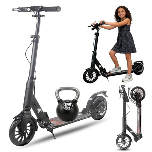 ZQHQKJ Foldable Dual Suspension Scooter with 8 Inch Wheels, 4-Level Adjustable Height Kick Scooter for Kids 8-12, Teens & Adults, 240 Lbs Max Load - Perfect for School, Campus & Park Rides,Black