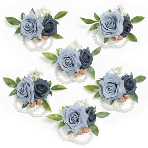 Serwalin 6 Pcs Blue Rose Wrist Corsage Wristlet for Wedding Prom Party