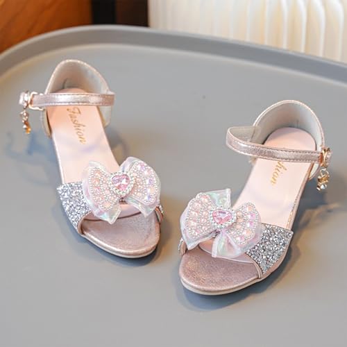 IWIHMIV Girls Dress Sandals Open Toe Low Chunky Heels Sandals Summer Party Dress Shoes with Rhinestone Bow4