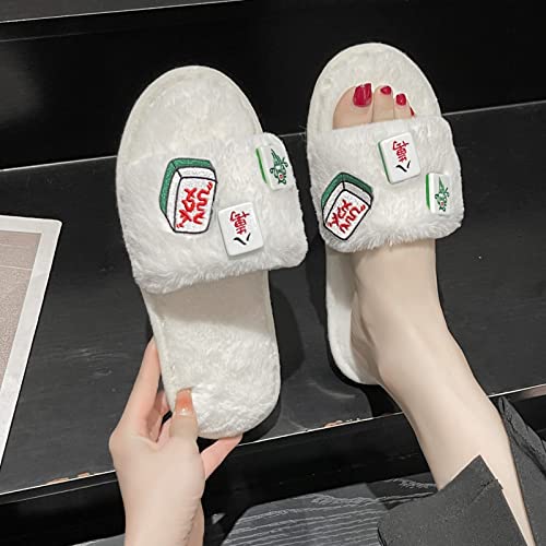 CsgrFagr Womens Slippers Indoor Home Fashion Mahjong Tiles Lightweight Winter Warm Cotton Slippers Non Slip Slippers Women Elderly (White, 8)2