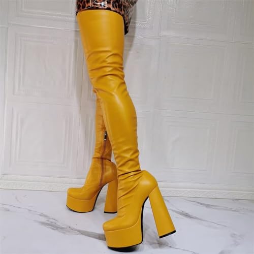 Frankie Hsu Punk Platform Chunky Over The Knee Boots, Gogo Deep Yellow Loli Colorful Thigh High Style, Large Big Size Fashion Cool Lovely Cute Goth Heeled Long Tall Shoes For Women3