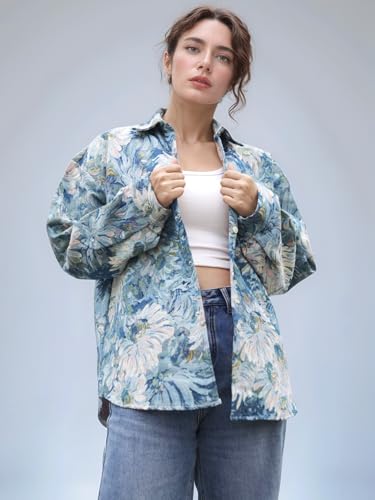 Casual Floral Shacket Cute Flower Pattern Jacquard Loose Shirt denim Canvas Jacket Button Coat Fancy Tops4