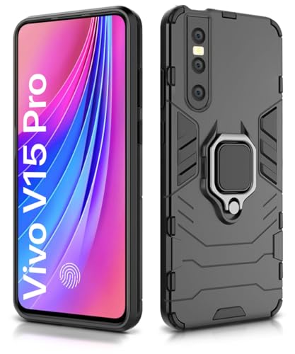 Image of WOW IMAGINE Shock Proof Back Case Mobile Cover for Vivo V15 Pro | Back Cover Case (Tough Armor | Hybrid PC + TPU | Ring Holder & in-Built Kickstand | Black)