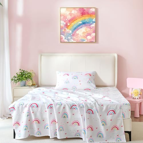 3-Piece Twin Size Kids Bed Sheet Set by Coukouchyi, Soft & Breathable Fitted Sheet, Rainbow Twin Bed Flat Sheet for Girls Deep Pocket, Rainbow