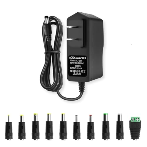 9V DC Power Supply 1A Universal AC Adapter, 100-240V 50/60Hz to 9 Volts 1Amp Transformer, DC 9V Power Cord, 5.5mm x 2.5mm Plug & 10 Tips