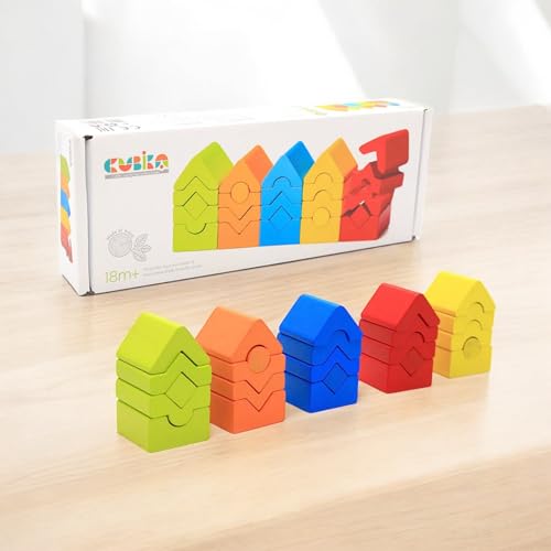 Image of CUBIKA Wooden Construction Tower Set - 25-Piece Construction Play Set with Emotion Characters for Toddlers 2+- Montessori Toy for Creativity, Cognitive Development, and Emotion Recognition