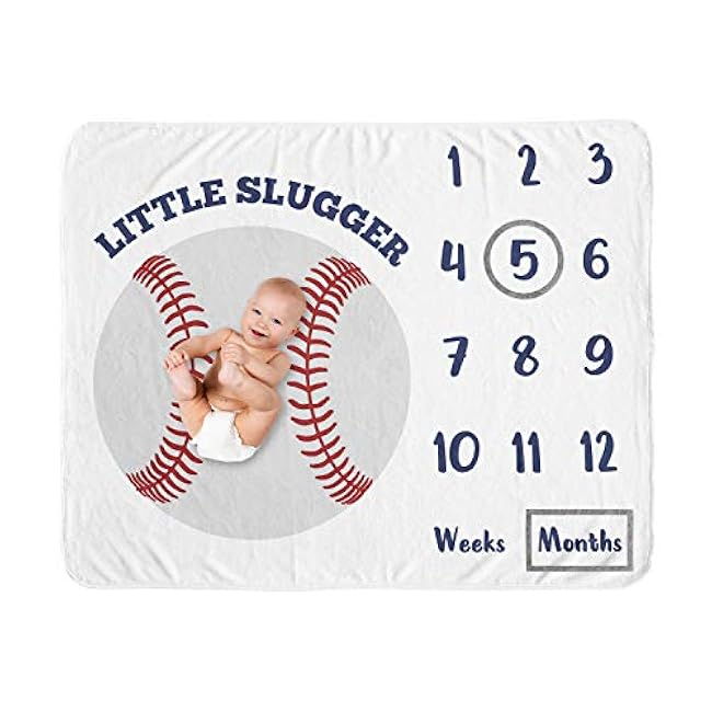 Sweet Jojo Designs Baseball Boy Milestone Blanket Monthly Newborn First Year Growth Mat Baby Shower Memory Keepsake Gift Picture - Red White and Blue Americana Sports Little Slugger