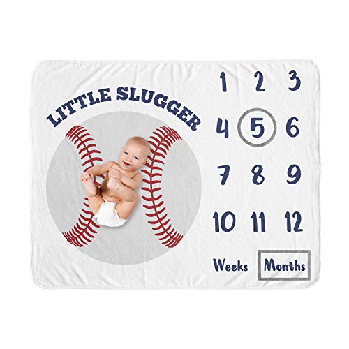 Image of Sweet Jojo Designs Baseball Boy Milestone Blanket Monthly Newborn First Year Growth Mat Baby Shower Memory Keepsake Gift Picture - Red White and Blue Americana Sports Little Slugger