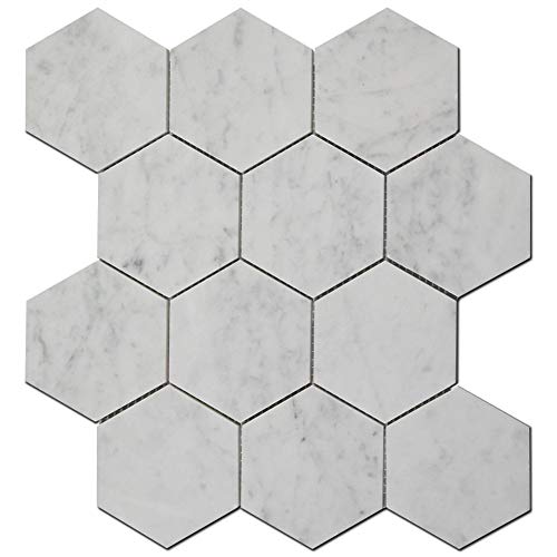 Soulscrafts Italian White Carrara Marble 4 Inch Hexagon Mosaic Tile Matte For Kitchen Backsplash Bathroom Wall & Floor Tile 5 Sheets/Box #TOP27