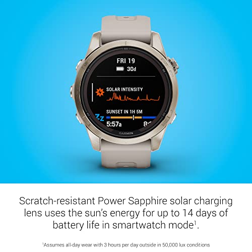 Image of Garmin Fenix 7S Pro Sapphire Solar, Soft Gold Stainless Steel with Light Sand Silicone Band,