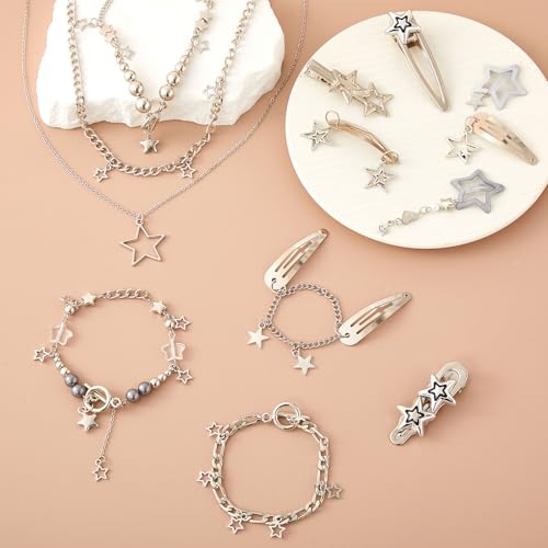 Quelay 13 Pcs Y2k Accessories Set Included Star Hair Clips Grunge Layered Necklace Star Bracelets Y2k Hair Accessories Vintage Jewelry Set for Women4