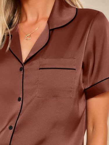 Image of LILLUSORY Silk Satin Pajama Set for Women 2 Piece Lounge Pjs Winter Matching Summer Sleepwear Button Down Shirt Shorts