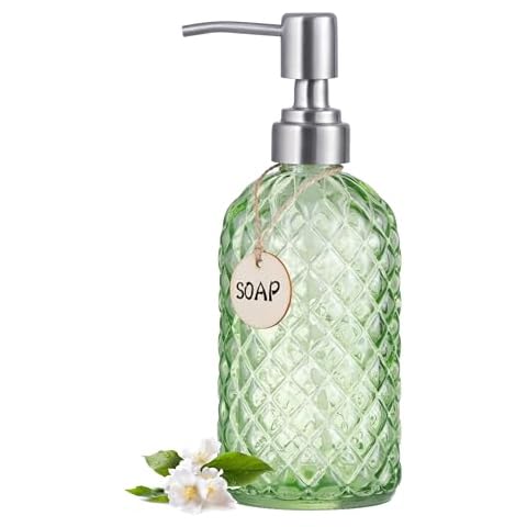 Vorey 16 Oz Glass Soap Dispenser with 304 Stainless Steel Pump, Refillable Liquid Hand Soap Dispenser for Kitchen, Bathroom, Farmhouse Decor Accessories (1 Green, Diamond) Cover