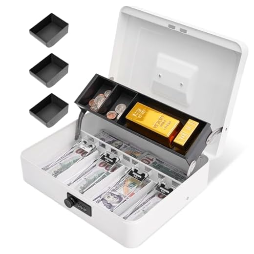 Polspag Cash Box with Combination Lock, Metal Money Box with Cash Tray, Lock Safe Box, 4 Bill/5 Coin Slots, 11.8L x 9.5W x 3.5H Inches, White
