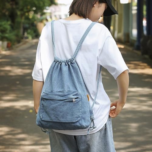 Sac à dos en denim à cordon de serrage grand format style universitaire pour cours et loisirs