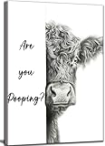 Funny Highland Cow Bathroom Canvas Wall Art Cute Animal Are You Pooping Painting Picture Wall Decor Black White Animal Bathroom Poster Print Artwork for Bedroom Toilet Home Decoration