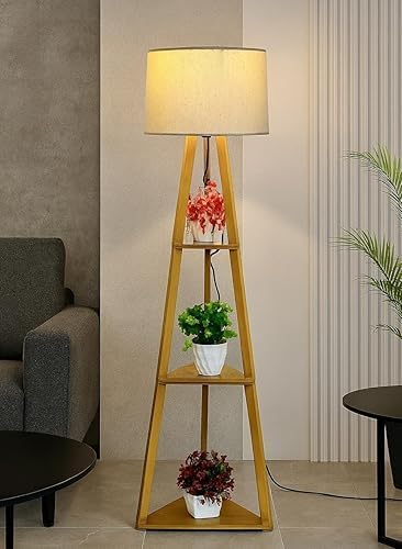 Wooden Tripod Floor Lamp with 3-Tier Shelves, White Fabric Shade