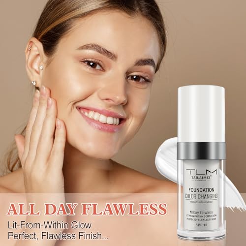 Color Changing Foundation Liquid Base, 2 PACK Flawless Colour Changing Warm Skin Tone Foundation Makeup,BB Cream Makeup Base Concealer Cover Moisturizing Fluid for all Skin Tone SPF15