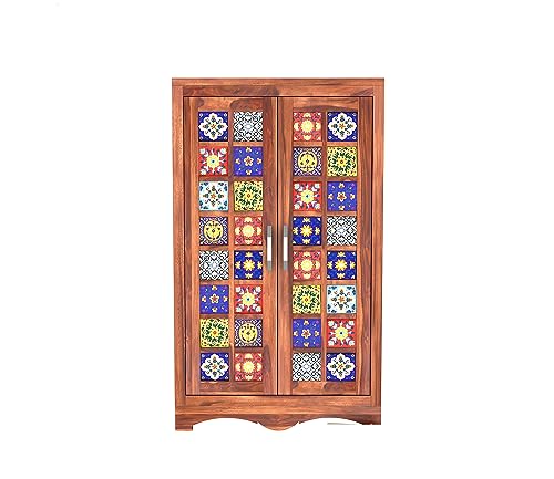 Image of Sheesham Wood Wooden 2 Door Wardrobe Organizer for Clothes | - Solid Wood Almirah with 2 Shelves - with Hanging Space Cupboard for Large Bedroom (Design 22)