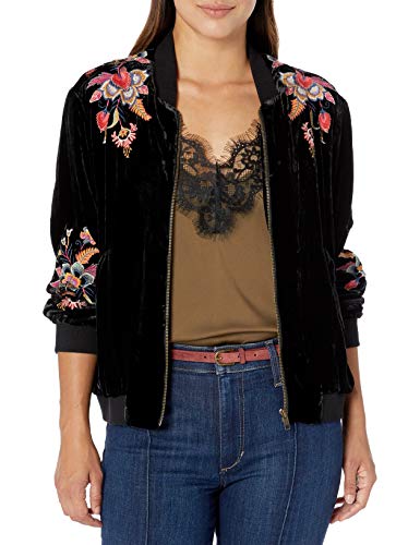 JWLA By Johnny Was Women's Rayon and Silk Velvet Bomber Jacket with Embroidery, Black, L
